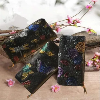 Las mujeres carteras de cuero de la pu bolso de lujo de la marca ladis embrague monedero de larga floral de las mujeres bolsos titular de la tarjeta monedero