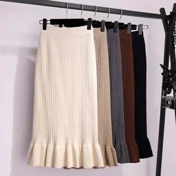 Las mujeres con Cintura Elástica con Cordón Faldas de Punto Medio Largo de las Faldas de la Primavera y el otoño Falda Midi 2020 Casual, Oficina de la Mujer Faldas