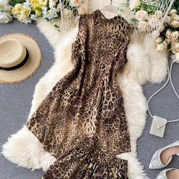 Las mujeres de corea del leopardo de Verano set de dos piezas para las mujeres sin mangas de leopardo irregular blusa y pantalones cortos ropa de playa de vacaciones de ropa