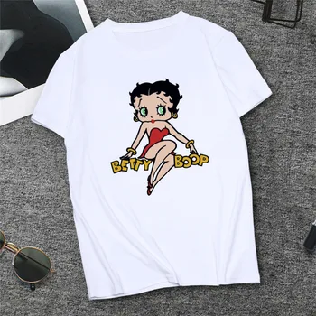 Las mujeres de la camiseta Blanca de Betty Boop de Impresión Verano Casual O-la parte Superior del cuello de la Hembra de la Camiseta de Harajuku Streetwear Más el Tamaño de Ropa de Mujer T-Shirt