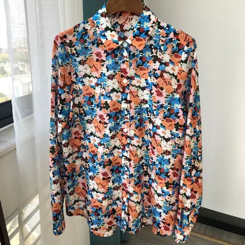 Las mujeres de la Impresión Floral de Manga Larga de la Camisa de Seda de Algodón Romántico francés Gire hacia abajo de Collar Casual Blusa de 2020 Principios de la Primavera
