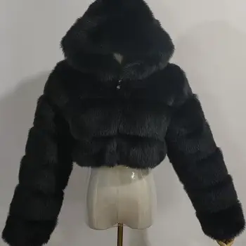 Las mujeres de la Moda de Invierno de Piel Sintética Recortada de la Capa Esponjosa Zip con Capucha Cálida Chaqueta Corta de la Moda chaqueta de abrigo Ropa de Mujer Nuevo Estilo