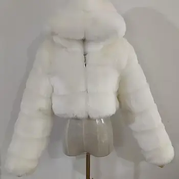 Las mujeres de la Moda de Invierno de Piel Sintética Recortada de la Capa Esponjosa Zip con Capucha Cálida Chaqueta Corta de la Moda chaqueta de abrigo Ropa de Mujer Nuevo Estilo