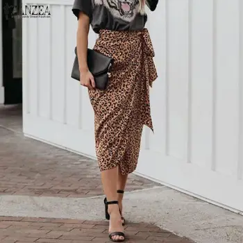 Las Mujeres de la moda de la impresión del Leopardo de las Faldas Elegantes Faldas Lápiz ZANZEA Verano Envoltura de Encaje Falda Midi Jupe OL Trabajo Faldas Saia Femme