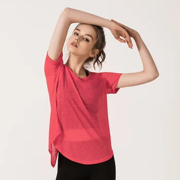 Las Mujeres de la moda Sólido Yoga Camisetas Transpirable Deporte Tops de nuevo Split de Yoga camiseta de Manga Corta Blusa de Ropa de Entrenamiento Para Mujeres