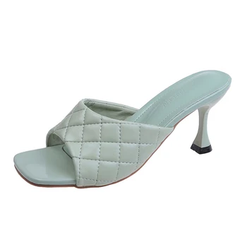 Las mujeres de las Bombas de la Armadura de Ocio Slip-on de la Oficina de zapatos de Tacón Alto 2021 Verano de las Señoras de Azul Dedo del pie Abierto de Cabeza Cuadrada Zapatillas Casual de Mujer Zapatos