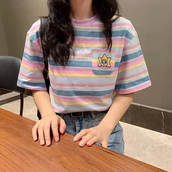 Las mujeres de manga corta T-shirts Japón Harajuku chicas Ulzzang Fresca de Color arco iris de Rayas camiseta de Mujer de corea Kawaii rosa Tops camisetas
