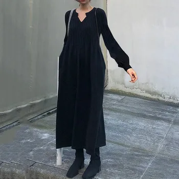 Las Mujeres De Punto Vestido De Otoño Invierno Coreano Japonés Estilo Color Sólido Casual Simple Suelto De La Linterna De La Manga Una Línea De Vestidos De Suéter