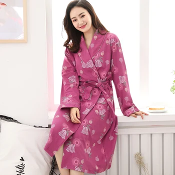 Las mujeres del otoño batas de algodón más el tamaño de la M-4XL floral print, batas de baño de la mañana de la casa de la capa media larga primavera camisón spa kimono