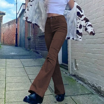 Las Mujeres Flare Jeans Pantalones Vintage Marrón Básico De Mezclilla De La Calle Harajuku Tramo De Corredores De Pantalones De Algodón De La Moda De Cintura Alta