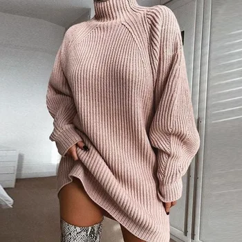 Las mujeres jersey de Cuello alto suéter vestido lleno de manga más el tamaño de la suelta de invierno 2019 nuevo sexy Sólido de Navidad vestidos de suéter 148407