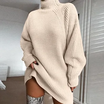 Las mujeres jersey de Cuello alto suéter vestido lleno de manga más el tamaño de la suelta de invierno 2019 nuevo sexy Sólido de Navidad vestidos de suéter