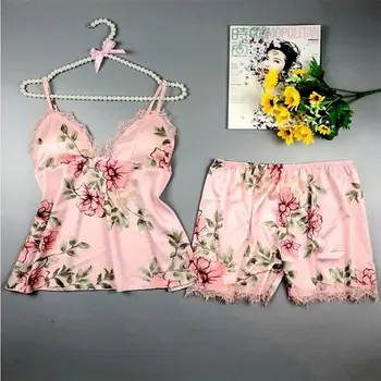 Las mujeres Lencería Sexy Floral de Encaje transparente Chemise con Cuello en V Profundo ropa de dormir 2Pcs/Set
