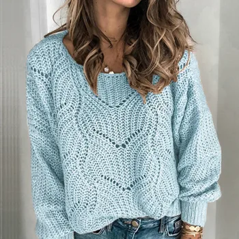 Las mujeres pierden Casual Suéteres de Otoño en Primavera de manga Larga de color Sólido Liso Jersey Cálido punto de Ganchillo parte Superior Hueca Suéter Mujer