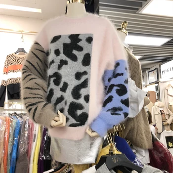 Las mujeres Suéter Casual Otoño Invierno 2020 coreano Estilo Vintage Leopard Cachemira Caliente Suéteres Costuras de Color de manga Larga Tops