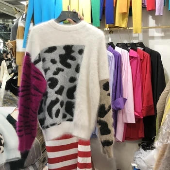 Las mujeres Suéter Casual Otoño Invierno 2020 coreano Estilo Vintage Leopard Cachemira Caliente Suéteres Costuras de Color de manga Larga Tops