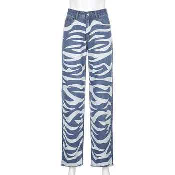 Las Rayas de cebra de Impresión de las Mujeres Jeans E-girl de los años 90 Vintage de Cintura Alta Pantalones vaqueros Sueltos de la Moda de Carga Recto Pantalones de Hip Hop Desgaste 76375