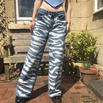 Las Rayas de cebra de Impresión de las Mujeres Jeans E-girl de los años 90 Vintage de Cintura Alta Pantalones vaqueros Sueltos de la Moda de Carga Recto Pantalones de Hip Hop Desgaste