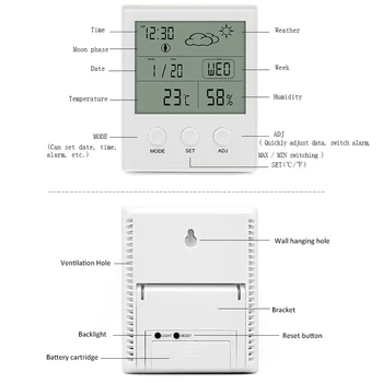 LCD Digital de Temperatura, Humedad Medidor de Tiempo de Reloj de Alarma con luz de fondo Pantalla Luminosa Higrómetro del Termómetro de la Estación Meteorológica