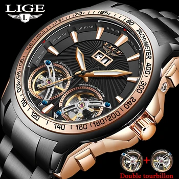 LIGE Nuevos Hombres automáticos de los relojes de la marca superior de lujo Tourbillon Esqueleto de la prenda Impermeable del Reloj de los hombres reloj mecánico Relogio Masculino+Caja