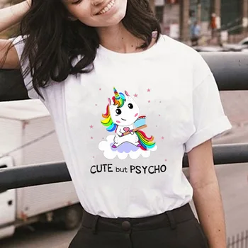 Lindo Pero Paycho Imprimir las Mujeres T Shirt Negro Blanco Camisetas Dama del Unicornio de Manga Corta de Mujer de Verano Tops para Mujer de la camiseta Graciosa Camiseta