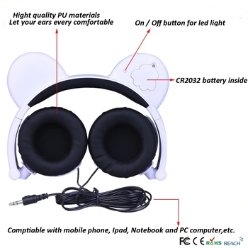 Lindo Plegable de Bluetooth Inalámbrico de Oso Panda Auriculares del Oído de los Niños Auricular Cosplay de Auriculares con LED Parpadeante Niños Niñas