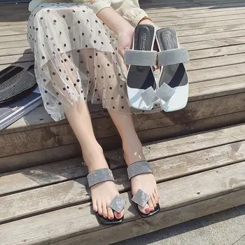 Lindo Sexy tendencia Salvaje Simple de las Mujeres Jóvenes Bling Zapatillas Pisos de Moda Dedo del pie Abierto de Verano Zapatillas de Diapositivas de las Mujeres Zapatos Casuales Sólido