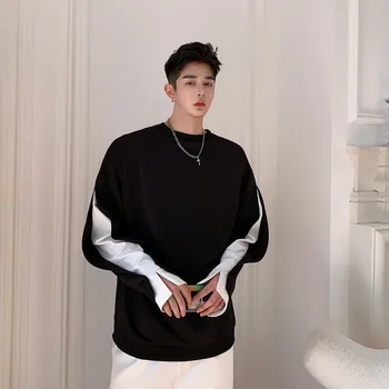 Los hombres coreanos de la Sudadera de 2020 Nuevas de Primavera y Otoño Falso de Dos piezas Golpe de Algodón Suelta Pullover Sudadera Negro Blanco M-XL