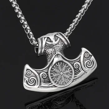 Los hombres de acero inoxidable mamen viking vegvisir amuleto hacha colgante, collar