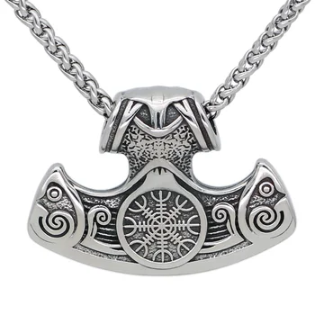 Los hombres de acero inoxidable mamen viking vegvisir amuleto hacha colgante, collar