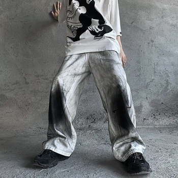 Los Hombres De La Vendimia De Graffiti Impreso Del Dril De Algodón Pantalones De Cintura Elástica Suelto Recta Pantalones Vaqueros De Los Pantalones De Hip Hop Ropa Casual Corredores De Jean Pantalones