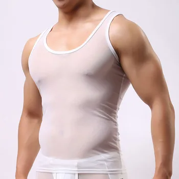 Los Hombres De Malla De Encaje Pura Tank Tops Chaleco Masculino Sexy Camiseta Transparente Camiseta Camisetas De Ropa Interior De Nylon
