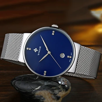 Los hombres Relojes de 2020 Marca de Lujo WWOOR de Fecha Automática Delgado Reloj de Cuarzo de los Hombres de Plata Azul de Malla de Acero Deporte Impermeable Masculino reloj de Pulsera