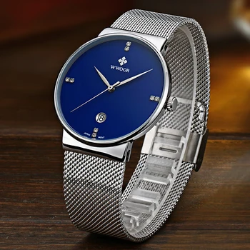 Los hombres Relojes de 2020 Marca de Lujo WWOOR de Fecha Automática Delgado Reloj de Cuarzo de los Hombres de Plata Azul de Malla de Acero Deporte Impermeable Masculino reloj de Pulsera
