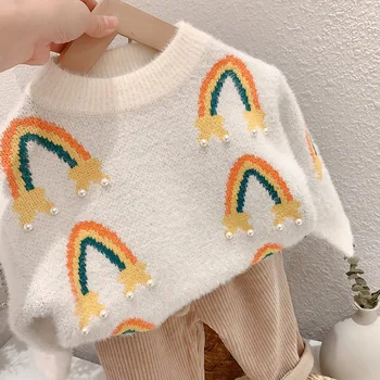 Los niños de bebé de niña de otoño invierno de manga larga de perlas de arco iris O-Cuello tops de la capa del suéter de niño niños ropa espesar suéter 3-8Y