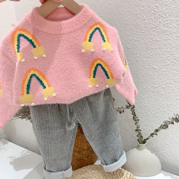 Los niños de bebé de niña de otoño invierno de manga larga de perlas de arco iris O-Cuello tops de la capa del suéter de niño niños ropa espesar suéter 3-8Y