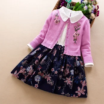 Los niños de las Niñas conjunto de Ropa de 2019 otoño invierno nueva niña bordado de algodón suéter de la capa+vestido de 2Pcs niña de la princesa de la ropa