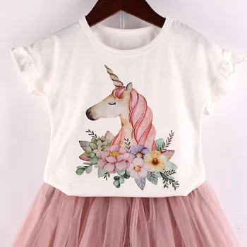 Los niños trajes de las niñas juego de ropa de 2018 nuevo y mágico unicornio patrón de la camiseta blanca de encaje falda linda ropa para niños 3-7Y