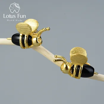 Lotus Diversión de 18 quilates de Oro Encantador de Abejas de Miel Aretes Real de la Plata Esterlina 925 hechos a Mano de Diseño de Joyería de los Pendientes para las Mujeres de Regalo