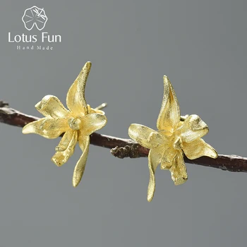 Lotus Diversión Elegante Flor de Iris Aretes Real de la Plata Esterlina 925 18K Aretes de Oro para las Mujeres hechas a Mano del Diseñador de la Joyería Fina