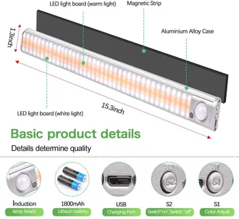 Luz de Noche LED con Sensor de Movimiento Gabinete Luces Wireless USB Armario de 3 Luces de Color ajustable del brillo de la Lámpara para el Armario de la Cocina