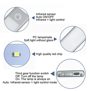 Luz de Noche LED de la Lámpara del Sensor de Movimiento PIR Armario de Luces Recargables de la función DE encendido/APAGADO de la lámpara de noche de los Niños de la Sala de Cabecera WC WC de la lámpara 41881
