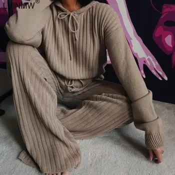 LVINMW Sexy de Encaje Hasta la Costilla de Prendas de punto Sólido de Dos piezas del Conjunto de Mujer de Manga Larga con Capucha Top Mujer de los Suéteres de Pantalones de Cintura Alta Streetwear