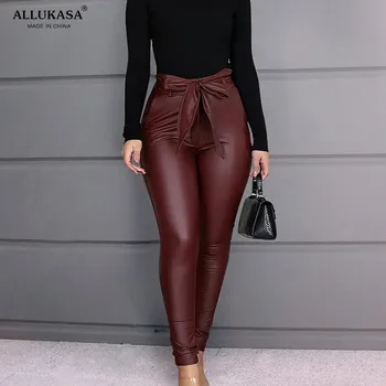 Lápiz Pantalones de las Mujeres 2020 tapas de la Correa de Cintura Alta de Imitación de Cuero de la PU de Hojas Largas Pantalones Casual Sexy Diseño Exclusivo de la Moda de los Pantalones