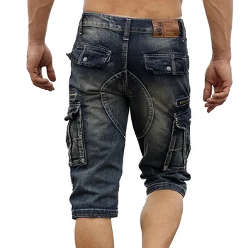 Mcikkny de la Vendimia de los Hombres de la Moda de Carga de pantalones de Mezclilla Con Múltiples Bolsillos Slim Fit Militar Jeans pantalones Cortos Para hombres Lavados 5340