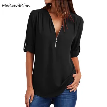 Meitawilltion Más el Tamaño 5XL de Verano de la Gasa de la Camisa de la Blusa Para 2020 las Mujeres Tirar de la Manga de la Cremallera Abierta Casual Camisa de Señora Suelta Tops 92310