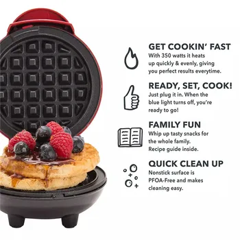 Mini Waffle Maker 350W Cocina Eléctrica antiadherente Flip Cake Maker Professional Girado Desayuno Pan Herramienta Roja de la Cocina de la Máquina
