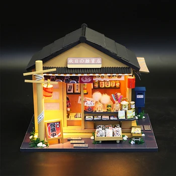 Miniatura Japonesa Tienda de Comestibles casa de Muñecas LED Kits de BRICOLAJE de Madera de la Tienda de Muebles de Modelo de Rompecabezas de Juguete a los Niños de Cumpleaños Regalo de Navidad