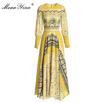 MoaaYina Diseñador de Moda vestido de Primavera, el Otoño de las Mujeres del Vestido de la Linterna de la manga de la Impresión del Vintage Vestidos de Vacaciones