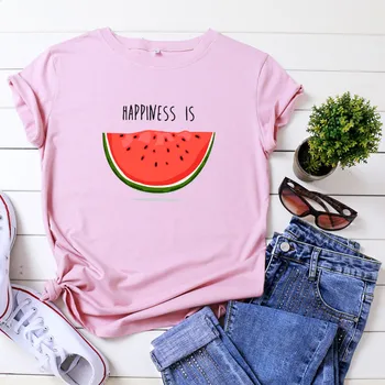 Moda Casual de Verano de las Mujeres T-shirt la Felicidad es la Sandía Impreso Algodón de manga Corta Mujer Camisetas Mujer Camiseta Tops